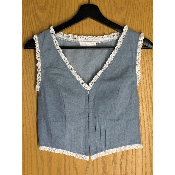 Pink Baby Tops - Denim Blue Corset Vest Top Hook Front Eyelet Lace Trim Coquette Cottagecore NWT
